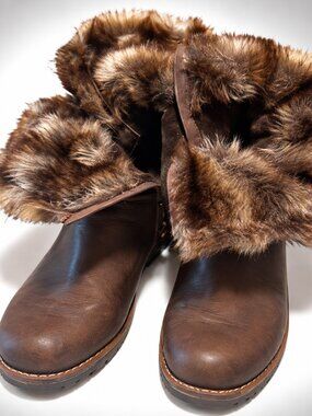 Womens Brown Faux Fur Lined Ankle Boots Side Zip Buckle Winter Booties size 10